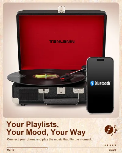 Vista 11 de TANALNIN - Tocadiscos de vinilo, tocadiscos portátil de maleta con Bluetooth de 3 velocidades con altavoces integrados, grabación USB, salida RCA