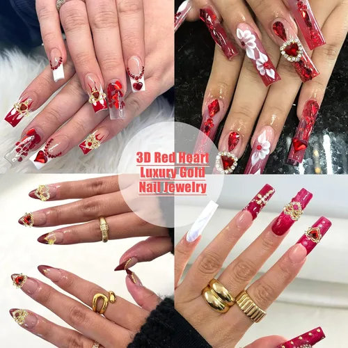 Vista 7 de RODAKY 40 dijes de uñas de corazón de cristal rojo, gemas de uñas para el día de San Valentín para uñas, arte de lujo, accesorios de decoración