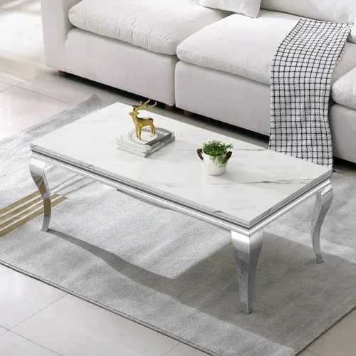 Vista 32 de SSLine Moderna mesa de centro de 1 pieza para sala de estar, mesa de centro de lujo de mármol sintético con patas de acero inoxidable en forma de S
