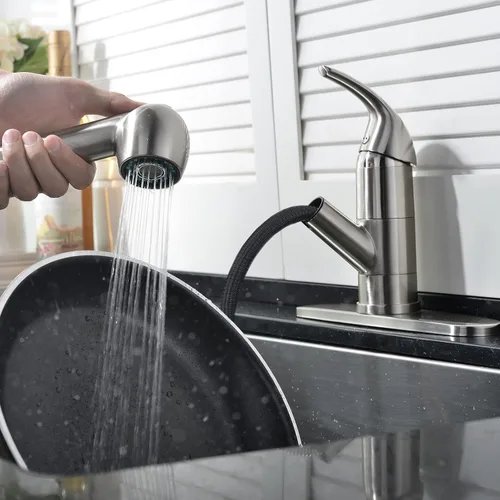 Vista 6 de Grifo de cocina de perfil bajo extraíble con rociador, grifo de fregadero de lavandería de acero inoxidable de una sola manija con níquel cepillado