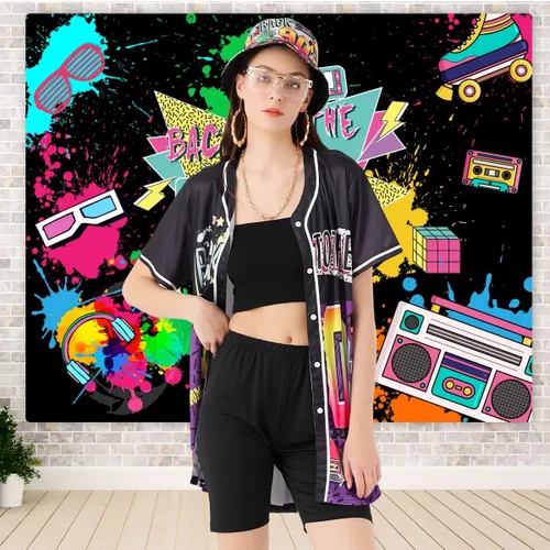 Vista 5 de Traje de los años 80 y 90 para mujer, disfraz unisex de hip hop, camiseta de béisbol, pantalones de yoga, sombrero de pescador, cadena dorada