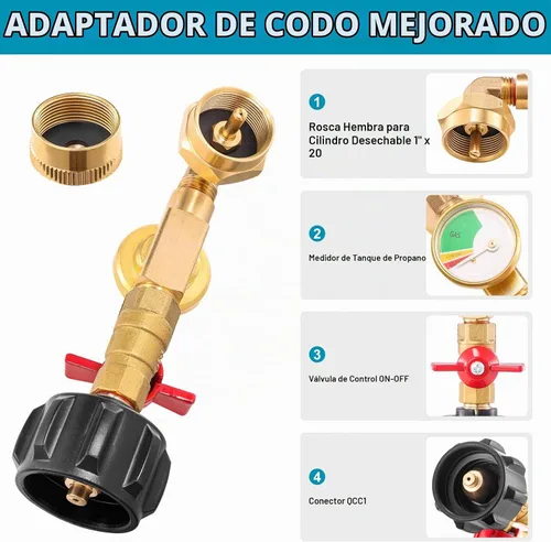 Vista 2 de QCC1 Adaptador de codo de repuesto de propano con medidor de tanque de propano, adaptador de recarga de propano de 90 grados con válvula de control