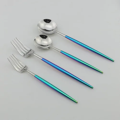 Vista 7 de Juego de cubiertos Coloful Rainbow Handle Silver de 5 piezas, espejo de acero inoxidable 18/10, servicio para 1 plateado