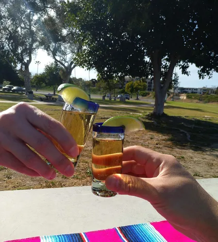 Vista 4 de Vasos de chupito de tequila mexicano soplados a mano, juego de 6 vasos de chupito de tequila con borde azul cobalto (2 onzas cada uno)