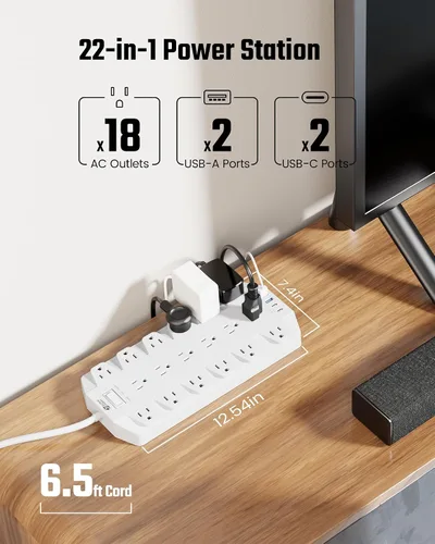 Vista 2 de Regleta de alimentación con protector de sobretensiones de 18 salidas de CA, 22 tomacorrientes, 2100J, cable de extensión resistente de enchufe