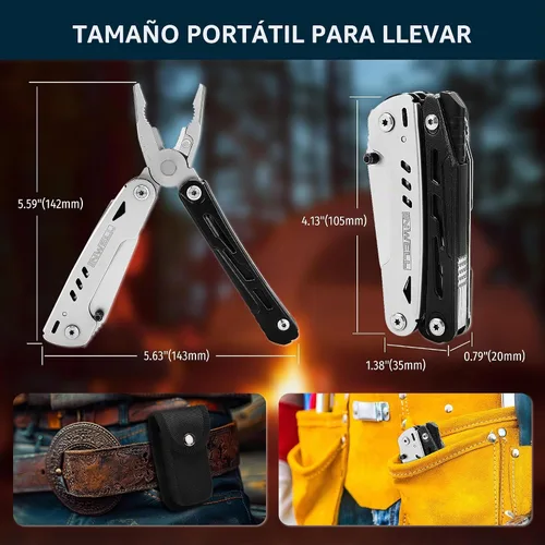 Vista 5 de Alicates multifunción 12 en 1 con cierre de seguridad, encendedor y silbato, cuchillo de bolsillo de acero inoxidable, multiherramienta de camping