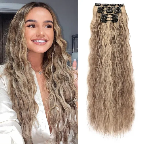 Vista 15 de Flufymooz - Extensiones de cabello con clip, 6 unidades, extensiones de cabello largas con ondas de sirena, sintético, postizo para mujer, 24 Marrón