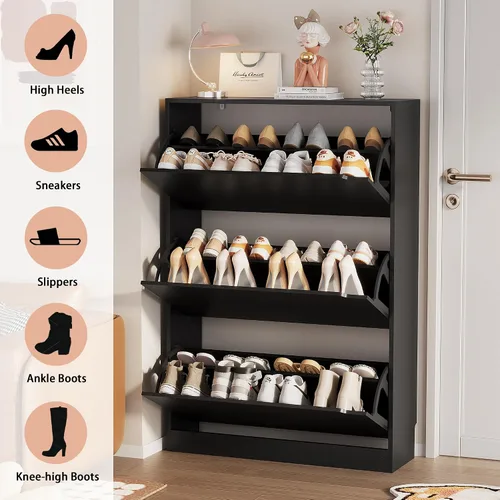 Vista 7 de Armario de almacenamiento de zapatos, organizador de zapatos de madera para entrada con 3 cajones abatibles, zapatero independiente con estante Negro