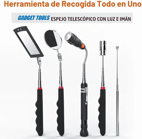 Vista 2 de Juego de herramientas de recogida magnética telescópica con palos de recogida de 1 y 15 libras, espejo de inspección ajustable redondo y cuadrado