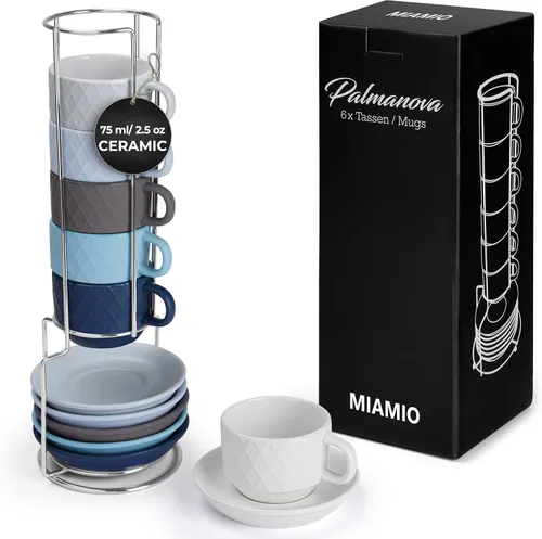 Vista 9 de MIAMIO - 6 tazas de café expreso de gres de 2.5 onzas, juego moderno de tazas con soporte y platillos - Colección Palmanova (negro) Ceramic