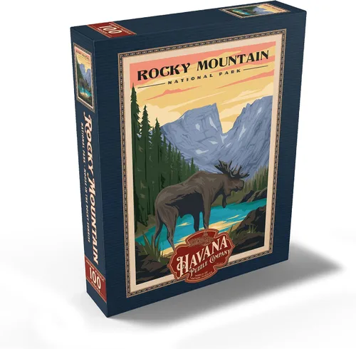Vista 2 de MyPuzzle Rocky Mountain National Park - Alce en el amanecer rocoso, póster de viaje vintage, rompecabezas de 100 piezas para adultos