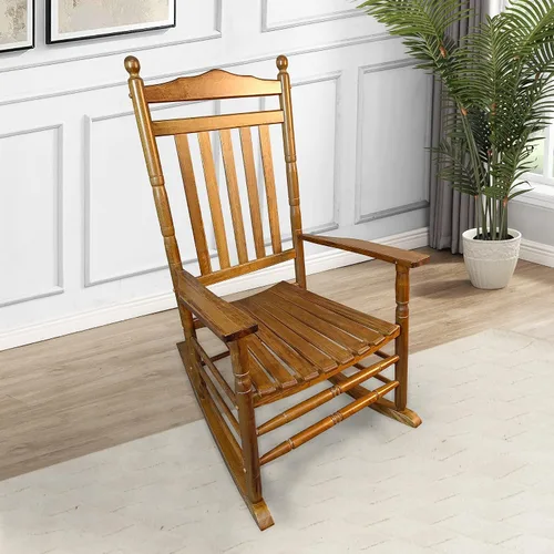 Vista 9 de Mecedora de porche para patio con respaldo alto para uso en interiores y exteriores, mecedora de madera con reposabrazos para adultos, sillas