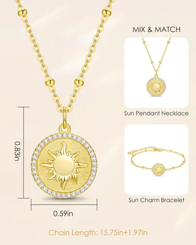 Vista 6 de CDE Collar con colgante de moneda de sol chapado en oro de 14 quilates para mujer plata de ley 925 con piedra natal de circonita cumpleaños