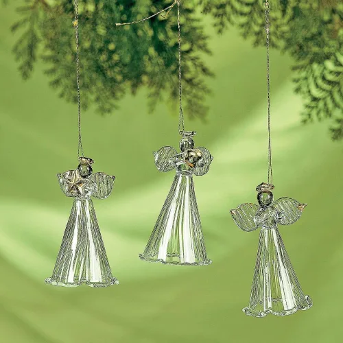 Vista 3 de Adornos de ángel de cristal hilado con estrella/corazón/manos rezando (juego de 12) decoración religiosa de Navidad