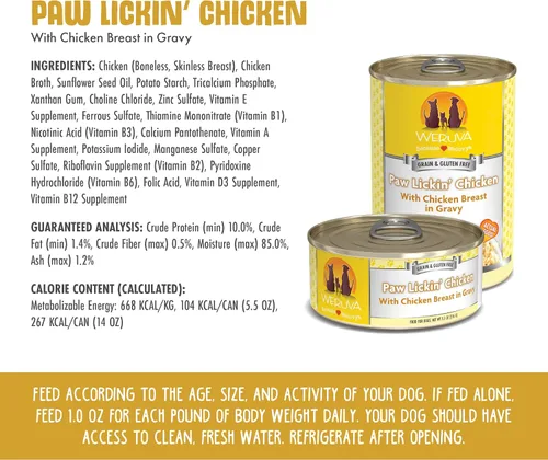 Vista 4 de Weruva Comida Clásica para Perros, Paw Lickin' Chicken con Pechuga de Pollo en Salsa, Lata de 14oz (Paquete de 12)