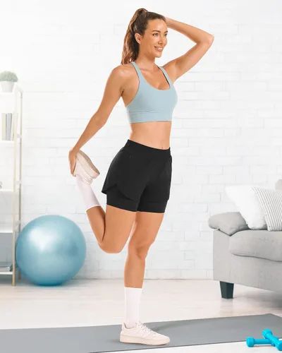 Vista 6 de Stelle Pantalones cortos de correr 2 en 1 para mujer, pantalones cortos deportivos de cintura alta, pantalones cortos de entrenamiento con forro