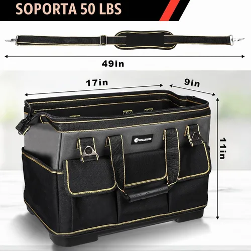 Vista 6 de Bolsa de herramientas de 17 pulgadas para hombres con base moldeada impermeable, bolsa de boca ancha de alta capacidad, bolsas de herramientas
