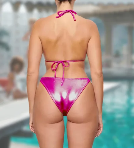Vista 4 de Conjunto de bikini metálico para mujer, traje de baño sexy plateado con triángulo, parte superior e inferior