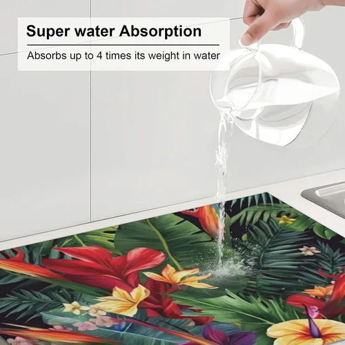Vista 7 de Planta tropical, flores, impresión, estera de secado de platos de microfibra, almohadilla de secado absorbente para encimera de cocina, tapete