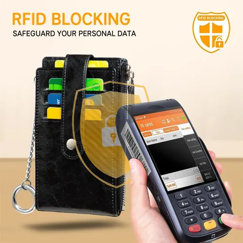 Vista 3 de Huztencor Tarjetero de crédito para mujer, cartera pequeña RFID para mujer, delgada, funda para tarjetas con cremallera múltiple con llavero