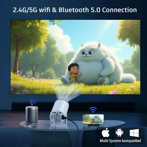 Vista 3 de Mini proyector HY300PRO actualizado 2025 con WiFi y Bluetooth, proyector portátil 4K, rotación de 180 grados, corrección trapezoidal automática