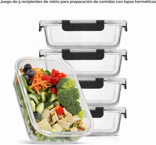 Vista 3 de JoyJolt Recipientes de Vidrio para Almacenamiento de Alimentos con Tapas. Paquete de 5 Recipientes de Vidrio para Preparación de Comidas Negro