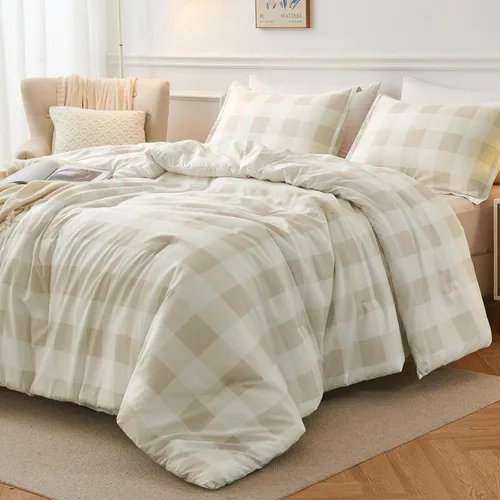 Vista 2 de Andency - Juego de cama tamaño individual con diseño de cuadrícula color beige (66 x 90 pulgadas), 2 piezas