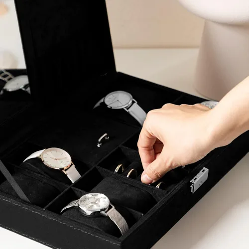 Vista 5 de Oyydecor Joyero organizador de caja de reloj con 8 ranuras para almacenamiento de relojes, estuche organizador de joyas con espejo (negro)