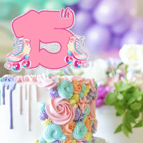 Vista 3 de Patines de ruedas con purpurina rosa para decoración de tartas para niños y niñas de 15 años, suministros de decoración de fiesta de cumpleaños