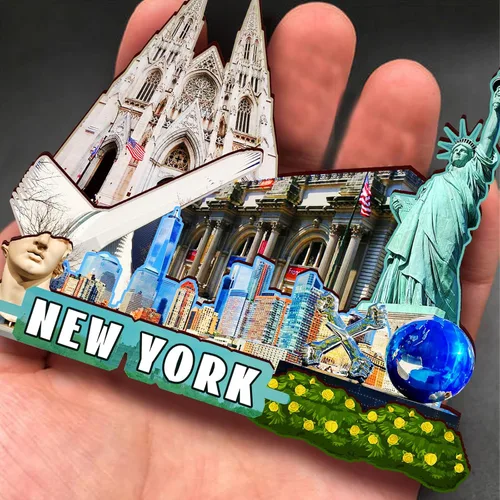 Vista 4 de Imán de madera para nevera de Estados Unidos, Nueva York, imanes 3D, recuerdos coleccionables de viaje, decoraciones hechas a mano, 2
