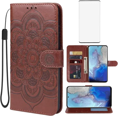 Vista 11 de Funda para Galaxy S20, para Samsung SM-G981U Wallet con protector de pantalla de vidrio templado, funda de cuero con diseño de mandala para Samsung