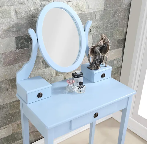 Vista 3 de Roundhill Furniture - Juego de tocador de madera Moniys Mesa de maquillaje y taburete Azul