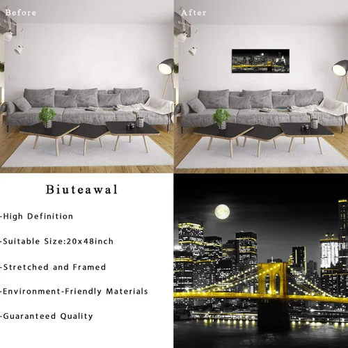 Vista 6 de Biuteawal Impresión en lienzo amarillo en blanco y negro de la ciudad de Nueva York, puente de Brooklyn en la noche de la luna, pintura fotográfica