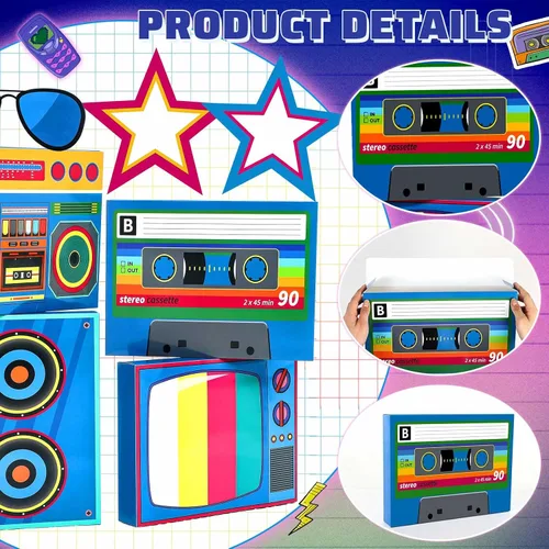 Vista 3 de Weekgrat Juego de 7 piezas de decoraciones de fiesta de los años 80 y 90 en 3D, juego de recuerdos de hip hop, cajas de casete de papel para retro