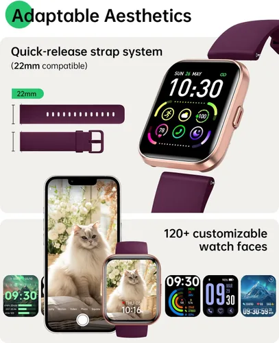 Vista 8 de WMK Reloj inteligente para mujer para responder/hacer llamadas, 1.85 pulgadas, reloj con Alexa integrado, monitor de frecuencia cardíaca del sueño