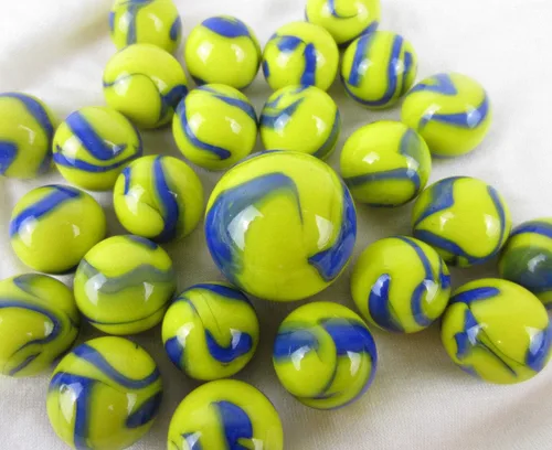 Vista 3 de ~25 canicas de vidrio azul Tang Dory amarillo/azul remolino estilo clásico paquete de juego (24 jugadores, 1 tirador) decoración/relleno