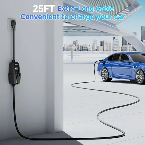 Vista 5 de SEGUMA Cargador EV de Nivel 2, Cargadores de Coche Eléctrico de 40 Amperios, Cable de 25 Pies con Enchufe NEMA 14-50, Corriente Ajustable, Retardo