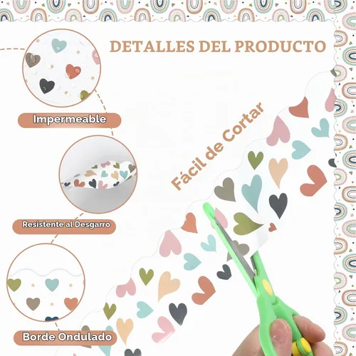 Vista 3 de Borde de anuncios bohemio de 262 pies, 10 rollos, borde bohemio de arco iris para el aula, para tablón de anuncios, decoración de tablero