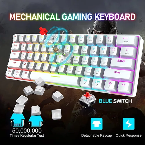 Vista 7 de Teclado mecánico para juegos 60% con cable, Chroma RGB 12 LED retroiluminado tipo C, inalámbrico, 61 teclas, teclado compacto para juegos, Bluetooth