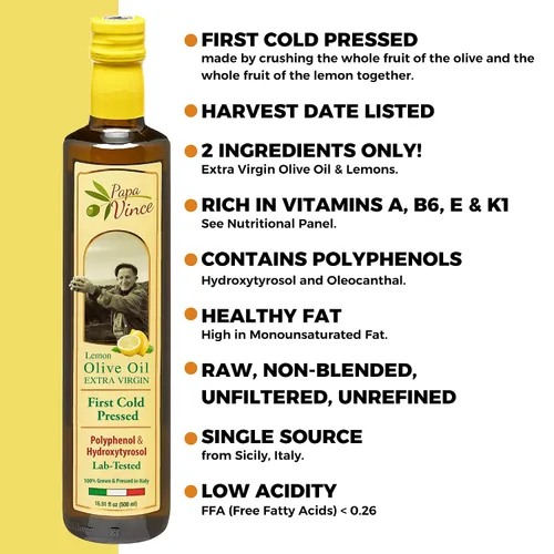 Vista 3 de Papa Vince Aceite de Oliva Virgen Extra - Primero prensado en frío, Aceite de oliva rico en polifenoles (AOVE). Agrumato de limón, sin filtrar