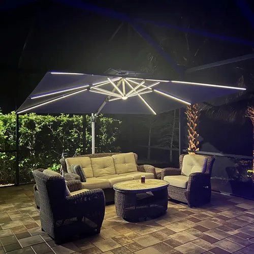 Vista 16 de PURPLE LEAF Sombrilla de patio de 9 x 12 pies con luces, sombrilla rectangular voladiza para exteriores, funciona con energía solar, LED