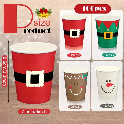 Vista 3 de Funtery 100 piezas de vasos de papel de Navidad, vasos de café desechables de Navidad con copos de nieve, muñeco de nieve, alce, luces, 9 onzas
