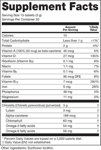 Vista 2 de Sun Chlorella Suplemento superalimento de algas verdes de 200 mg - Pared celular pulverizada - Clorofila, CGF, B12 activo, hierro, proteína, sin OMG