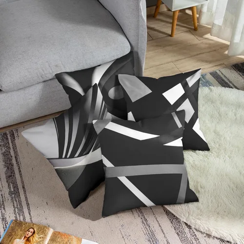 Vista 2 de Emvency Juego de 4 fundas de almohada negras modernas abstractas de rayas grises grises grises y blancas de acrílico llamativo, fundas de almohada