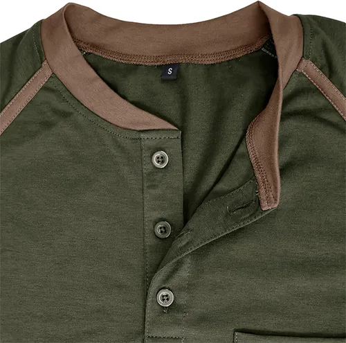 Vista 4 de Camisas de manga larga Henley para hombre, con botones clásicos, vintage, con bolsillo en el pecho