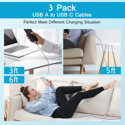 Vista 3 de Cable de carga automática para teléfono Android C, [3 pies+5 pies + 6 pies] USB A a USB tipo C, cable de carga rápida con puerto C para Google Pixel