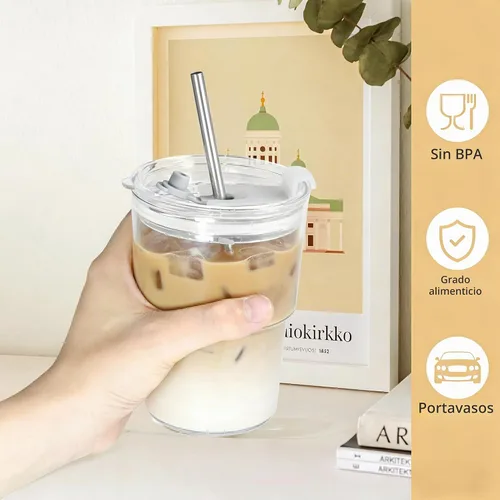 Vista 4 de Juego de 2 Tazas de Plástico de 15 oz para Café Helado Matcha con Tapas y Popotes, Vasos para Beber Irrompibles Reutilizables para Café Helado