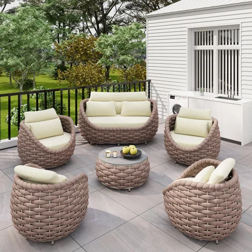 Vista 34 de Juego de muebles de patio de aluminio de 3 piezas: cuerda tejida a mano para conversación al aire libre, juego de 2 cojines modernos montados, juego