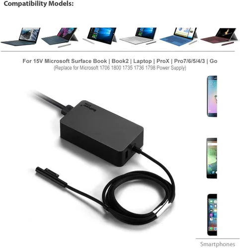 Vista 2 de Cargador de superficie de 15 V 4A de 65 W compatible con Microsoft Surface Book Laptop Surface Pro X 7 6 5 4 3 Go Tablet 1706 Fuente de alimentación