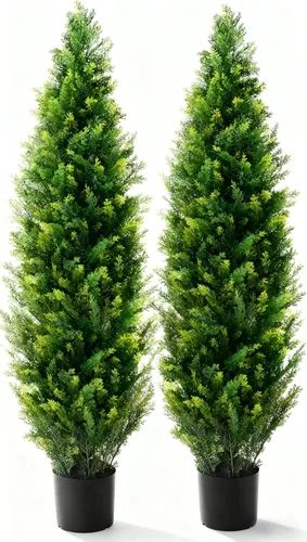 Vista 8 de Dos plantas artificiales rosas de 4 pies, árboles artificiales para interiores y exteriores, arbustos artificiales antirrayos ultravioleta, cedro
